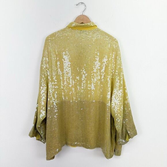 Sandy Starkman Woman’s Yellow Dip Dye All Over Iridescent Sequin Button Down Blo - Picture 2 of 7